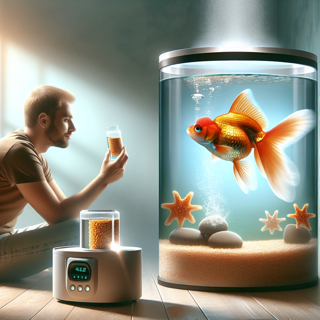 Un aquarium avec un poisson rouge, un distributeur automatique de nourriture, un voisin nourrissant le poisson et un bloc de nourriture dissout dans l'eau.