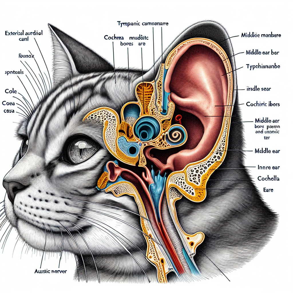 Illustration détaillée montrant la structure complexe de l'oreille d'un chat