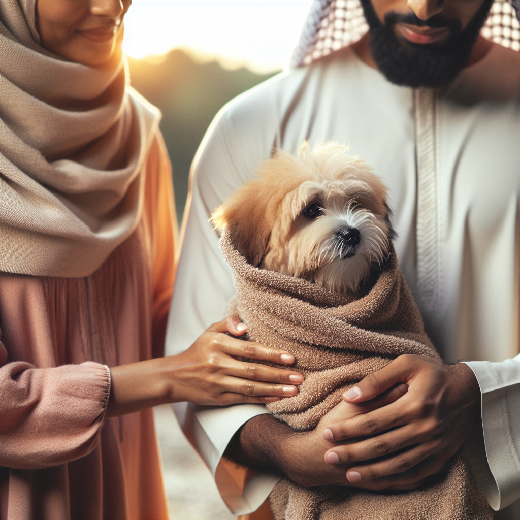 Un chien doucement enroulé dans une serviette épaisse étant réconforté par une personne pendant qu'une autre personne le tient calmement