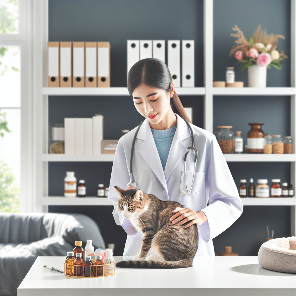 Un chat examiné par un vétérinaire, montrant une atmosphère amicale et calme, avec des traitements potentiels comme des médicaments et des remèdes naturels.