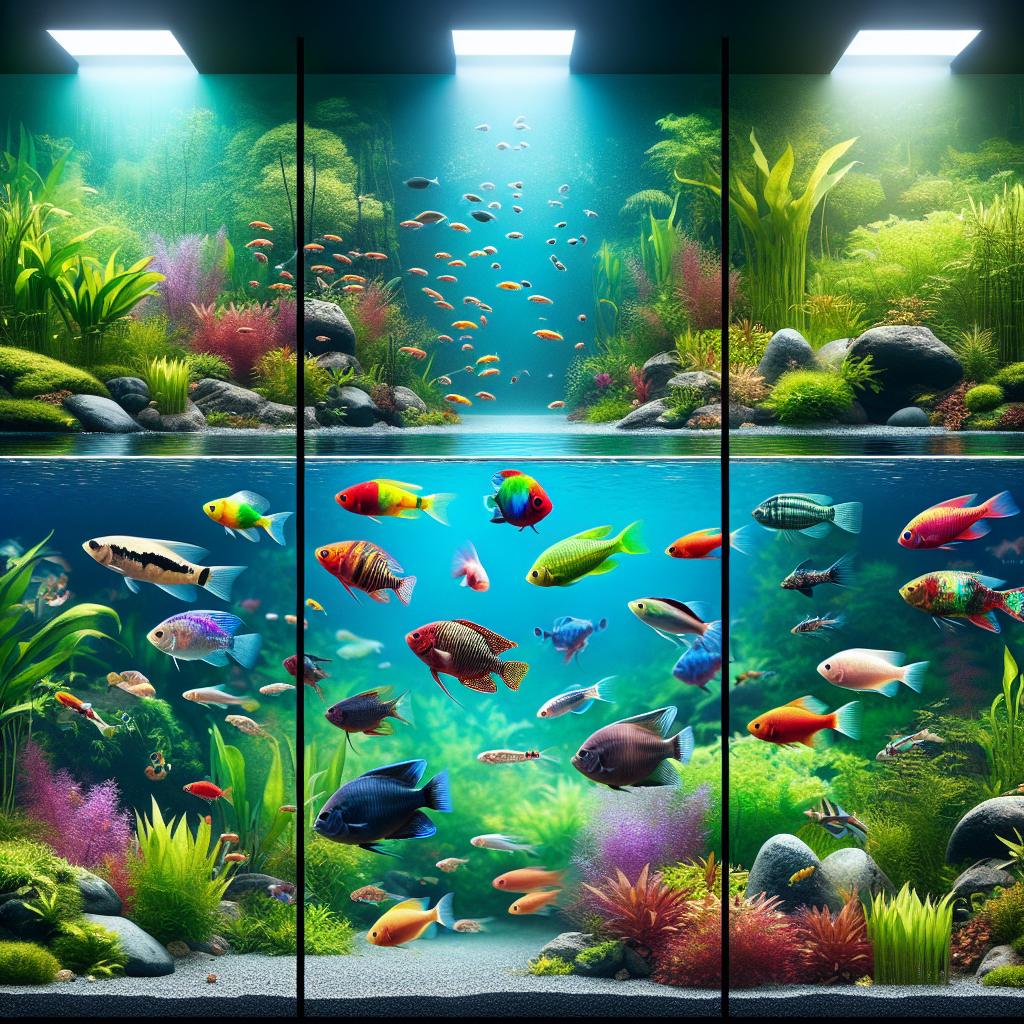 Grand aquarium avec des petits poissons, des poissons moyens et des grands poissons dans des sections distinctes