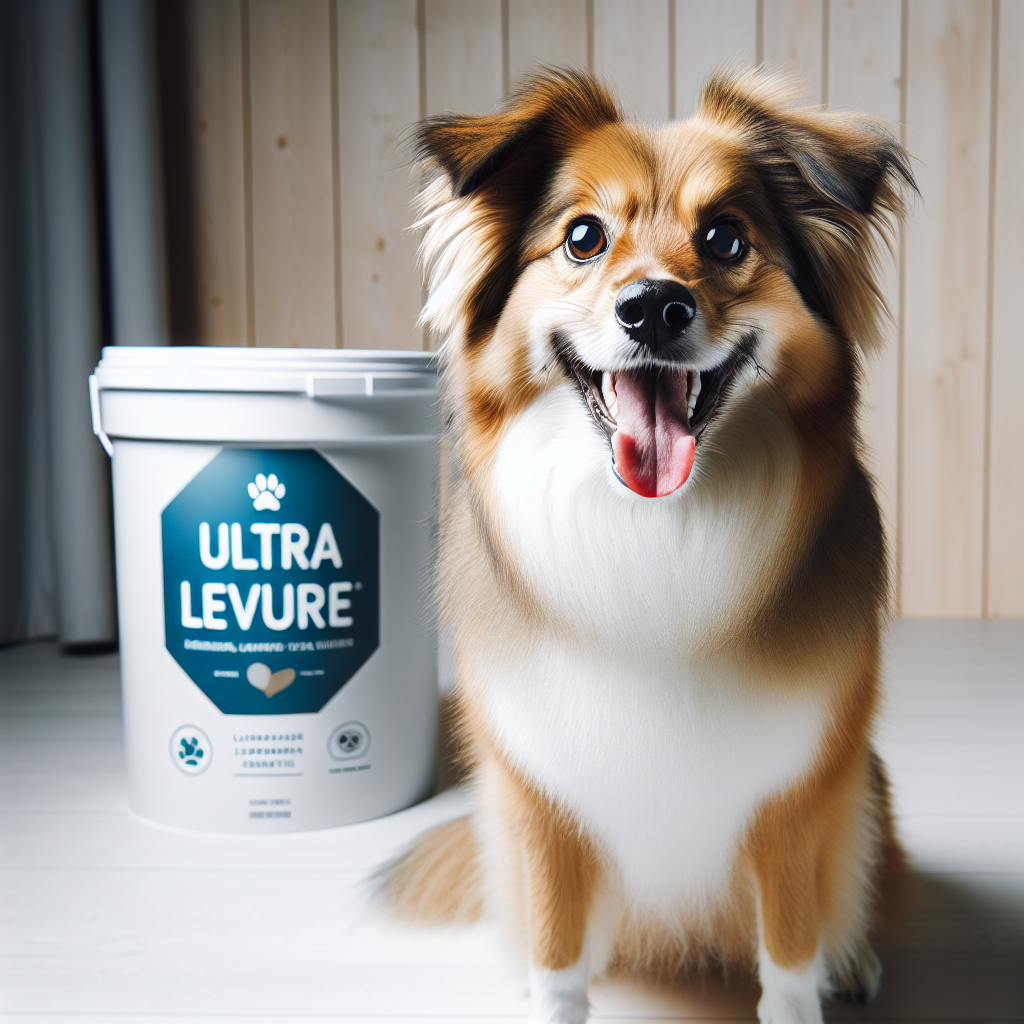 Un chien heureux avec un flacon d'Ultra Levure à ses côtés