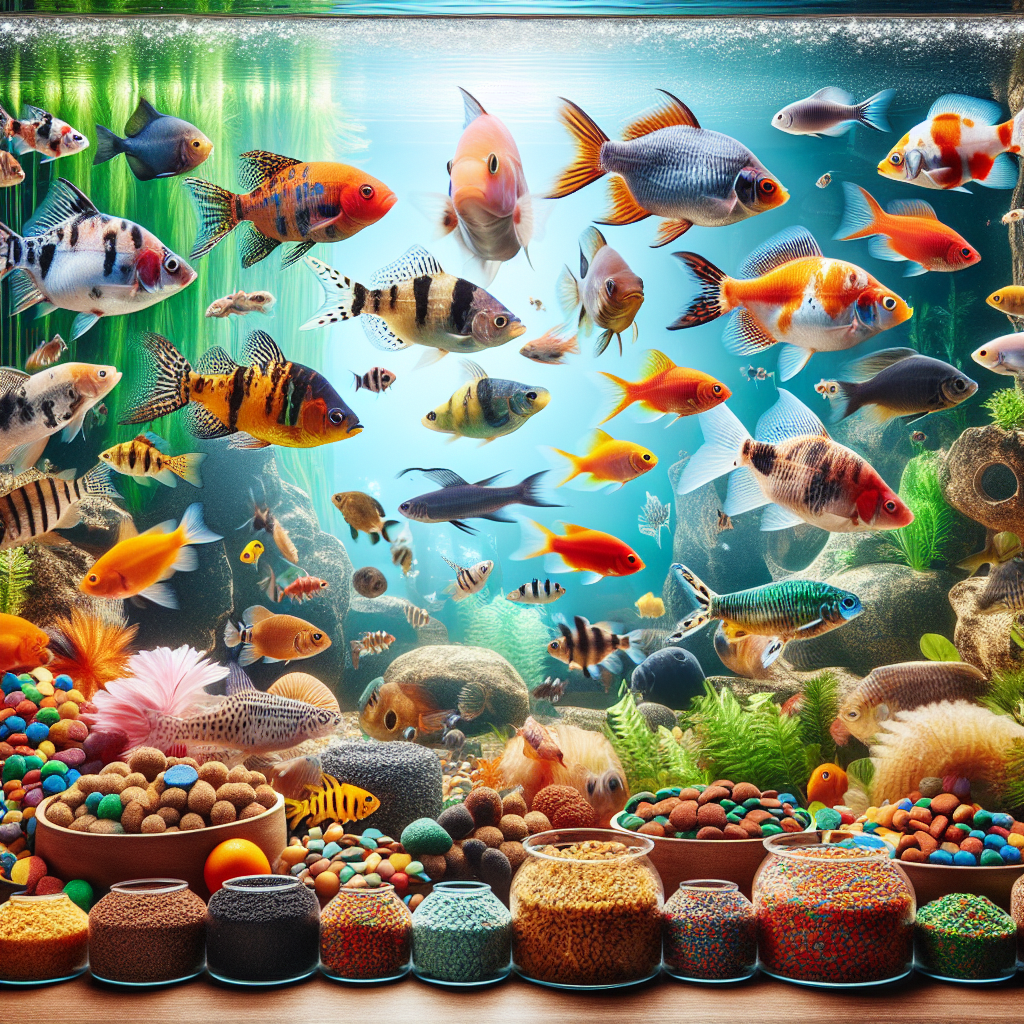 Différentes espèces de poissons d'aquarium de tailles variées nageant dans un aquarium, avec divers types de nourriture comme des granulés, des flocons, des aliments congelés et vivants visibles dans ou près de l'aquarium.