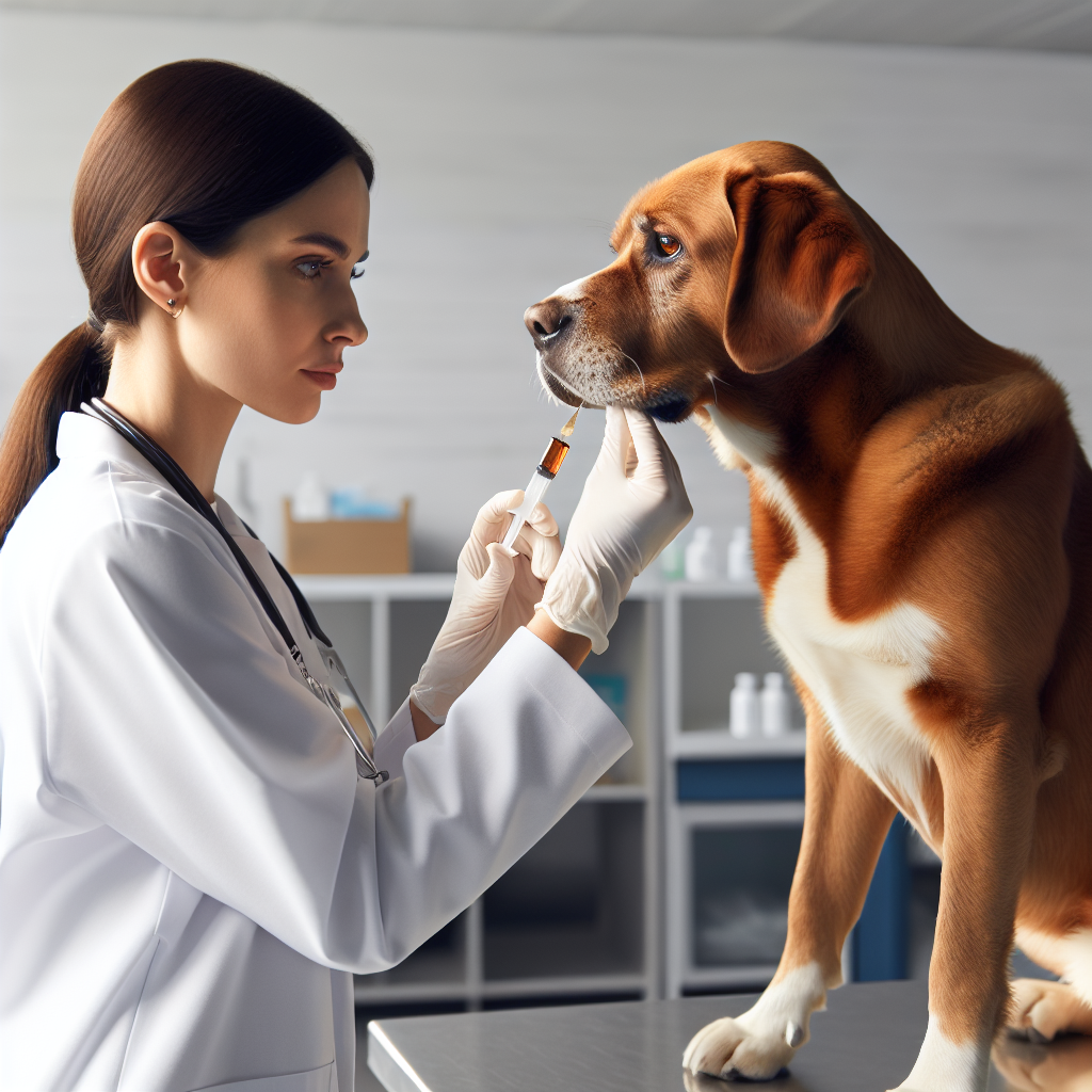 Un vétérinaire administre un vermifuge à un chien pour le débarrasser de ses parasites intestinaux.