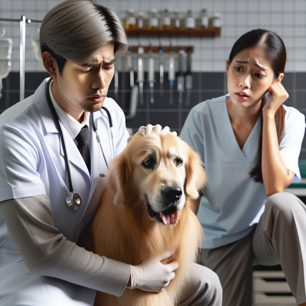 Propriétaire inquiet avec son chien malade chez le vétérinaire en urgence.