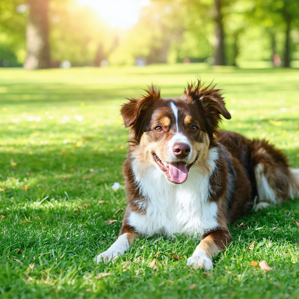 Un chien bâtard heureux couché dans un parc verdoyant sous le soleil.